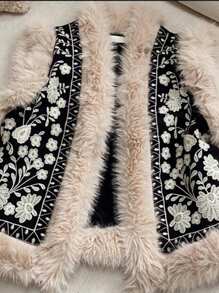 EMERY ROSE Women's Autumn/Winter Clothes Fashion Plush Patchwork Floral Embroidery Vest Padded Padded Coat - Black - View 1