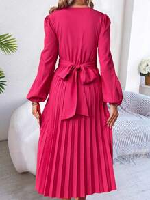 SHEIN Clasi Vestido de manga larga con cuello en V sólido, con pliegues de torsión, informal para uso diario, para mujer - Rosa Fucsia - Ver 2