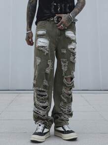 Manfinity EMRG Men's Casual Distressed Straight Leg Denim Jeans - Olive Green - View 6