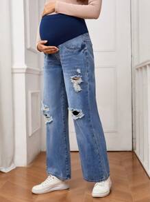 SHEIN Adjustable Waist Ripped Straight Loose Casual All-Match Maternity Jeans - Medium Wash - View 5