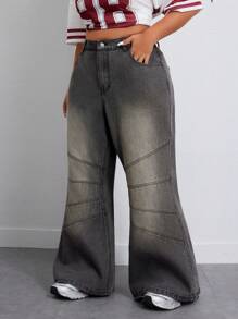 SHEIN ICON Jeans droits en denim gris déchiré grande taille pour femmes