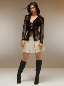 SURIMA Women's Black Rhinestone Lace Sheer Halter Blazer Jacket, Long Sleeve Sexy Club Tops