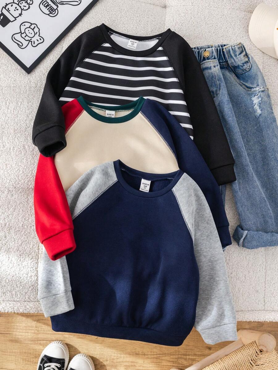 SHEIN Leap Crew 3pcs Young Boy Casual Sports Sets,Patchwork Contrast Color Raglan Sleeve Sweatshirt,Autumn,School,Back-To-School,Comfortable Wide Collar Daily Wear - Multicolor - View 1