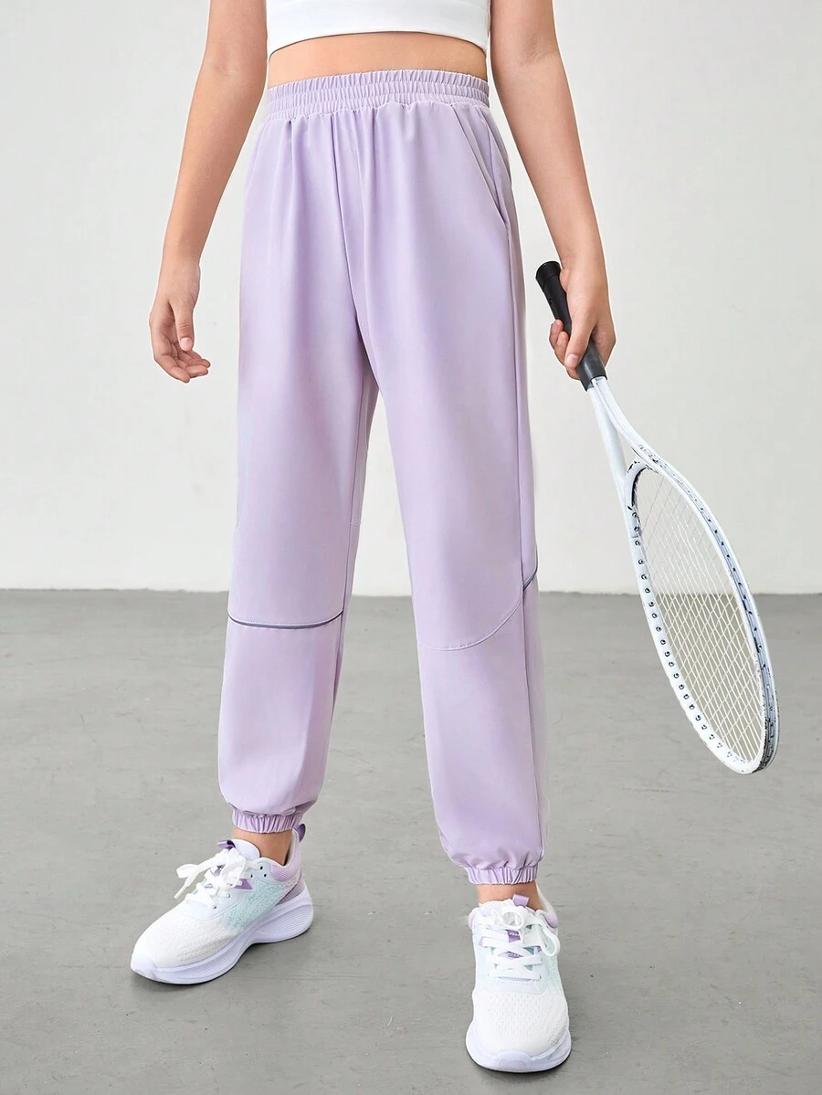 SHEIN 宽松紫色反光条纹舒适透气速干女童运动裤，休闲校园街头时尚户外运动长裤 - 紫色 - 查看 1