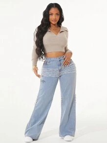 SHEIN Unity Women's Patchwork Frayed Hem Loose Straight Leg Casual Jeans - Light Wash - View 8