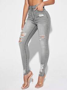 Selenza Front Button Pocketed Distressed Raw-Edge Casual Denim Pants - Light Grey - View 4