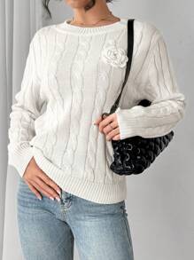 SHEIN LUNE Pull femme à col rond, épaules tombantes, manches longues, avec application florale. Automne et hiver, tricot pull - Blanc - Voir 3