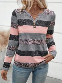 EMERY ROSE Women's Casual V-Neck Long Sleeve Striped Button T-Shirt With Random Print, Autumn Graphic Tees Women Tops For Spring Fall For Women - Multicolor - View 4