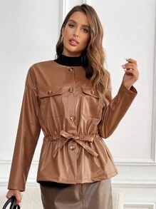 SHEIN Clasi Veste en PU marron rétro, chaude, avec col rond, épaule tombante, taille cintrée, coupe slim, poche poitrine et boutons décoratifs, pour femmes, pour l'automne/hiver - Tabac - Voir 2