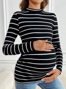 SHEIN Áo thun cổ tròn dài tay dành cho bà bầu trang bị áo thun thoải mái hợp thời trang - màu đen - Xem 5