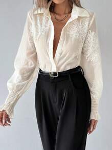 SHEIN Clasi Blusa de manga larga con botones de moda, elegante y encantadora para mujer - Albaricoque - Ver 6