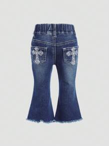 SHEIN Baby Girl Vintage Blue Denim Flare Leg Pants With Cross Embroidery Detail