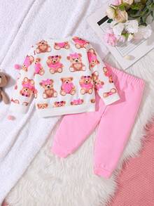 SHEIN 2 piezas/Conjunto de ropa deportiva informal con estampado de oso lindo para niñas bebé - Rosa Pálido - Ver 2