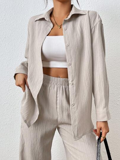 SHEIN PETITE Set de cămașă și pantaloni de 2 bucăți pentru femei, de primăvară și toamnă, ocazional, de culoare uni