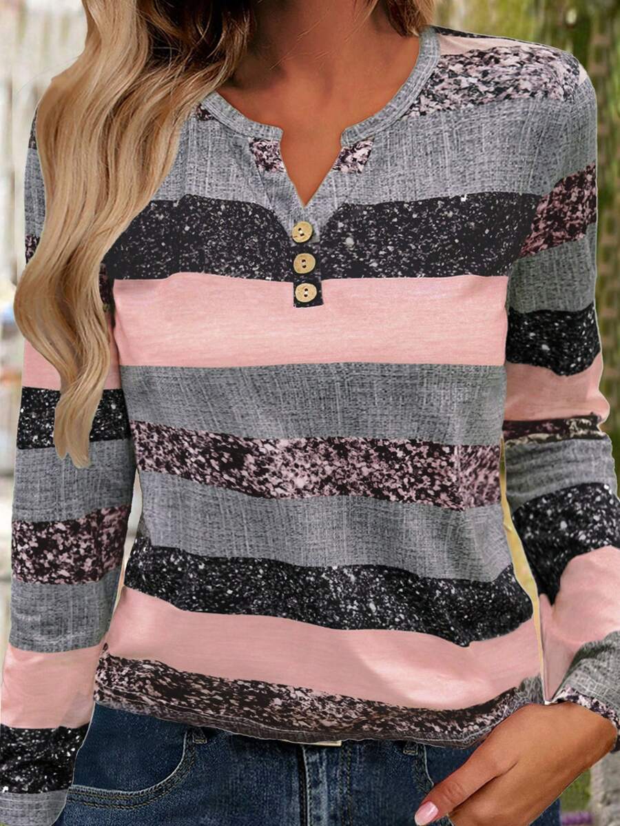 EMERY ROSE Women's Casual V-Neck Long Sleeve Striped Button T-Shirt With Random Print, Autumn Graphic Tees Women Tops For Spring Fall For Women - Multicolor - View 1