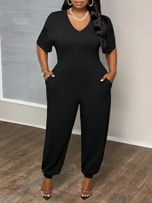 Slaydiva Mono de punto negro con bolsillo, cuello en V, manga corta, suelto y ceñido en el tobillo, para tallas grandes - Z - Negro - Ver 1
