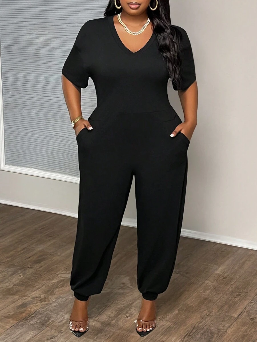 Slaydiva Mono de punto negro con bolsillo, cuello en V, manga corta, suelto y ceñido en el tobillo, para tallas grandes - Z - Negro - Ver 1