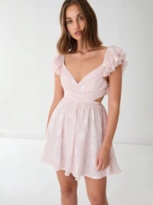 Enchnt 女士甜心领褶皱蕾丝镂空短款连衣裙 - 粉色 - 查看 5