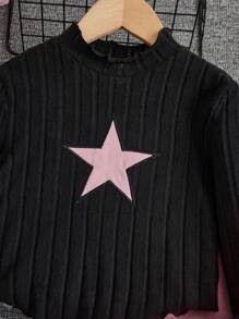 SHEIN Leap Crew Tween 女孩酷炫星星設計針織立領長袖上衣搭配配套褲子,運動休閒裝 - 淺粉色 - 查看 9