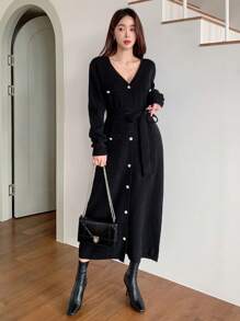 DAZY Women's V-Neck Wrap Fitted Long Sleeve Patchwork Sweater Dress, Autumn/Winter