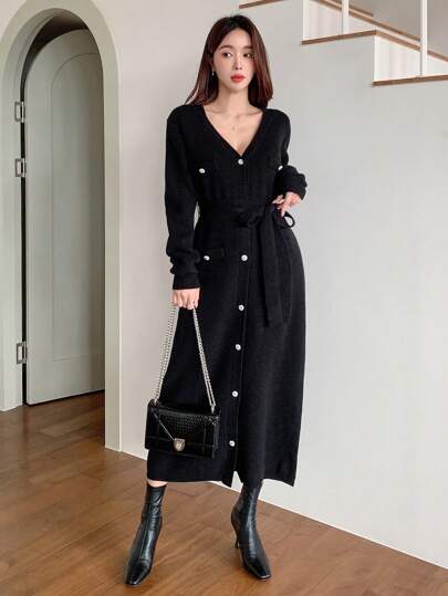 DAZY 女式 V 领裹身长袖拼布毛衣裙，秋冬