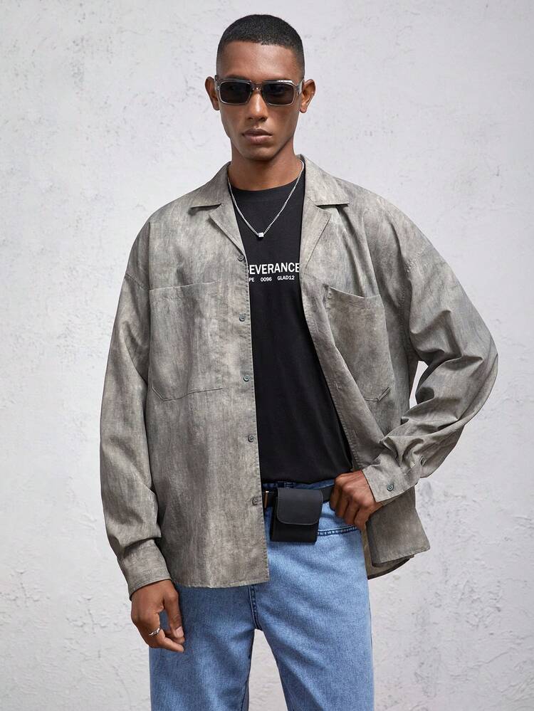 Chemise boutonnée à manches longues à épaules tombantes et col châle pour hommes, en tissu tissé ample