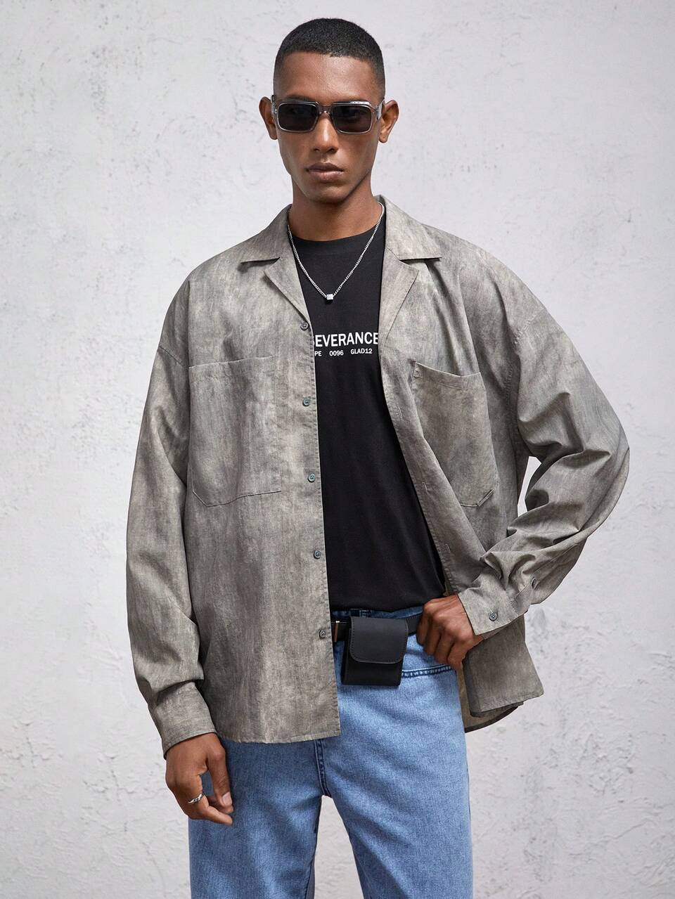 Men's Woven Loose Dropped Shoulder Lapel Long Sleeve Button Up Shirt