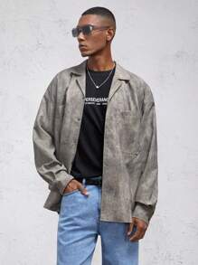 AKNOTIC Business Casual Áo sơ mi nam tay dài cài nút, ve trễ vai, dáng rộng dệt kim - Xám - Xem 5