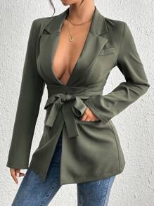SHEIN PETITE Blazer casual de color liso para primavera/otoño - Verde militar - Ver 3