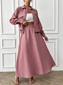 Cottnline 100% Cotton Pink Pinstripe Shirt And Skirt Woven Fabric Set - Pink - View 5