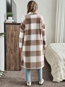 SHEIN LUNE Chaqueta de punto a cuadros de largo medio y casual regular para mujer, para otoño e invierno - Albaricoque - Ver 2