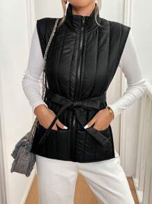 SHEIN Essnce 女士纯色拉链领休闲背心夹克，冬季 - 黑色 - 查看 6