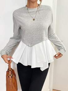 SHEIN Essnce Jersey de cuello redondo para mujer, otoño 2024, diseño asimétrico con bloqueo de color y empalme, jersey de otoño 2 en 1, parte superior suelta con dobladillo en A, gris, manga larga