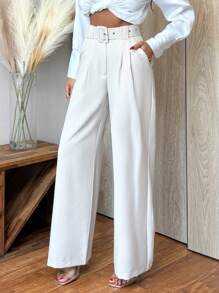 RueChic Pantalones rectos de cintura alta de unicolor para mujer con detalle de cinturón - Beis - Ver 5