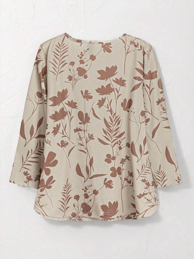 Plus Size Women Floral Print Casual Loose Fit Round Neck Long Sleeve T-Shirt, Fall Women Top Clothes,Fall Women Clothes