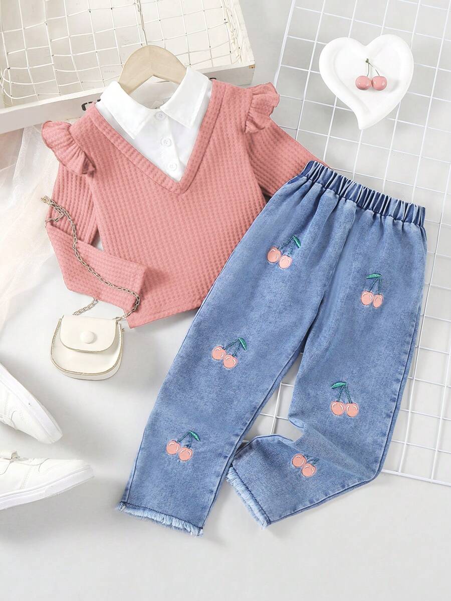 SHEIN Set 2pcs/Set untuk Anak Perempuan: Kaos Vintage 2 in 1 & Celana Jeans Denim Bordir Cherry - MultiWarna - View 1