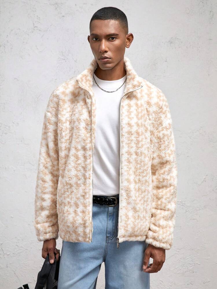 Men's Loose Knit Casual Stand Collar Cardigan Jacket, Suitable For Autumn/Winter, Camel Color, Metal Decor, Herringbone Plush Fabric