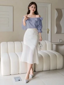 DAZY Blusa de mujer de unicolor con hombros descubiertos, lazo, volantes, manga larga, ropa de otoño, top lindo - Azul - Ver 4