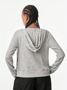 Muchica 女士秋季街头休闲微绒舒适紧身长袖连帽拉链运动衫 - 灰色 - 查看 2