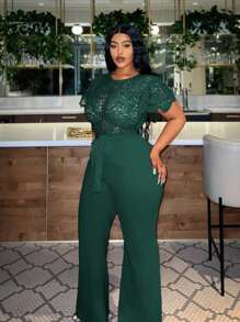 Slaydiva 大码优雅蕾丝拼布连体裤，夏季