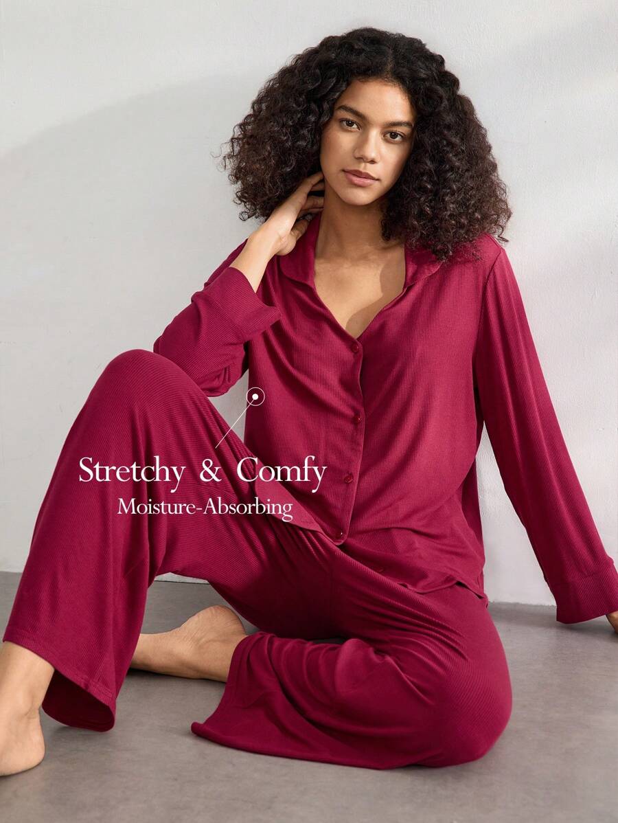 Ocili Conjunto de ropa de estar en casa de mujer de un solo pecho de unicolor con manga larga y pantalones holgados, conjunto de ropa cómoda para temporada de vacaciones, ropa de otoño e invierno - Burdeos - Ver 1