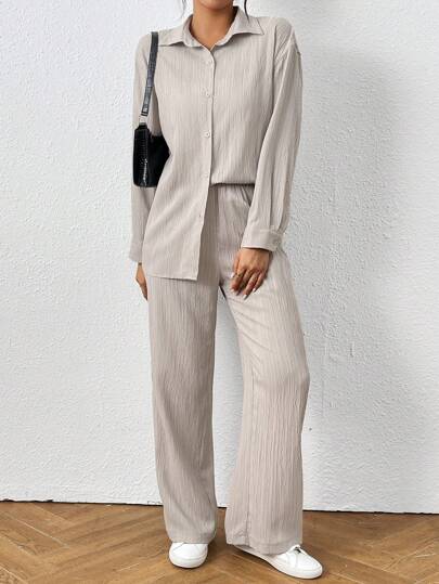 SHEIN PETITE 2pcs Women Spring & Autumn Casual Solid Color Long Sleeve Shirt And Pants Set