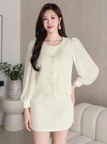 DAZY 2 piezas Conjunto informal de mujer para primavera y otoño de unicolor, con parte superior de manga larga y cuello redondo con un solo abotonamiento y falda midi