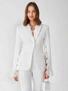 Enchnt Áo khoác blazer ren trơn màu thanh lịch dành cho nữ - trắng - Xem 4
