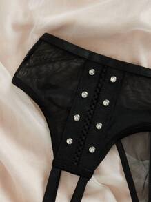 SHEIN 女士铆钉装饰网眼撞色性感内衣套装 - 黑色 - 查看 4