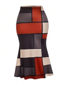 SHEIN Clasi 2pcs Plus Size Elegant Contrast Color Splice Ruffle Trim Blouse And Fish Tail Hem Skirt Set - Multicolor - View 3