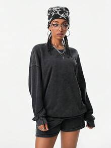 SHEIN EZwear Áo nỉ và quần short Coolane Streetwear Casual Washed Drop Shoulder - màu đen - Xem 5
