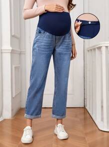 SHEIN Jeans de cintura alta con color de contraste y parche para maternidad - Azul lavado medio - Ver 1
