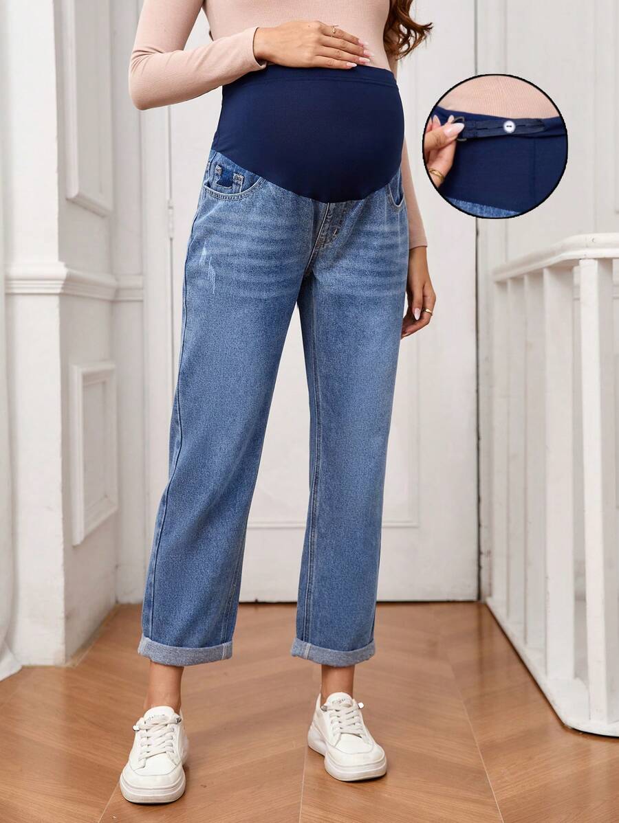 SHEIN Jeans de cintura alta con color de contraste y parche para maternidad - Azul lavado medio - Ver 1