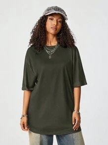 SHEIN EZwear T-shirt ample de couleur unie pour femmes avec portrait imprimé à l'arrière, ÉQUIPE AVEC DES AILES - Noir - Voir 2
